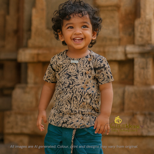 Kalamkari - Faded black & Peacock blue kids cotton dhoti set (0-3yrs)