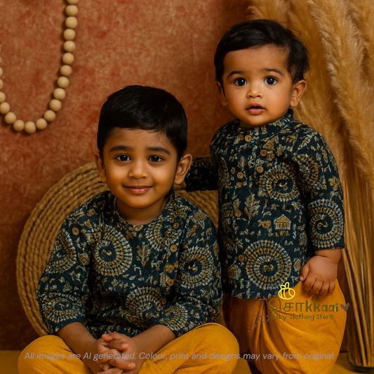 Green warli with mustard kids cotton dhoti set (0-5yrs)
