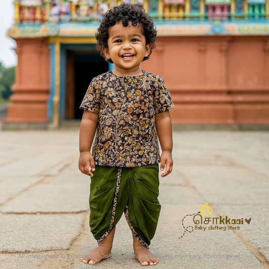 Kalamkari - Faded brown & Olive green kids cotton dhoti set (0-3yrs)