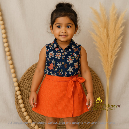 Navy floral and orange kantha cotton Skort and top for Girls (2-6years)
