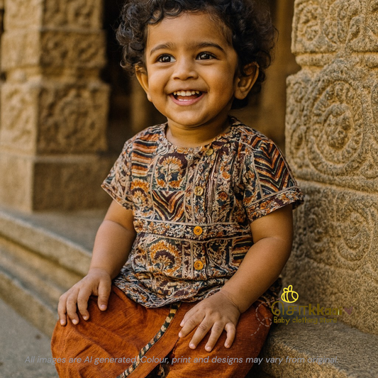 Kalamkari - Earthy brown & Rust orange kids cotton dhoti set (0-3yrs)