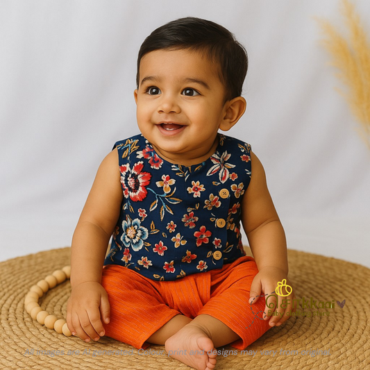 Navy floral with orange kantha cotton kids dhoti set (0-3yrs)
