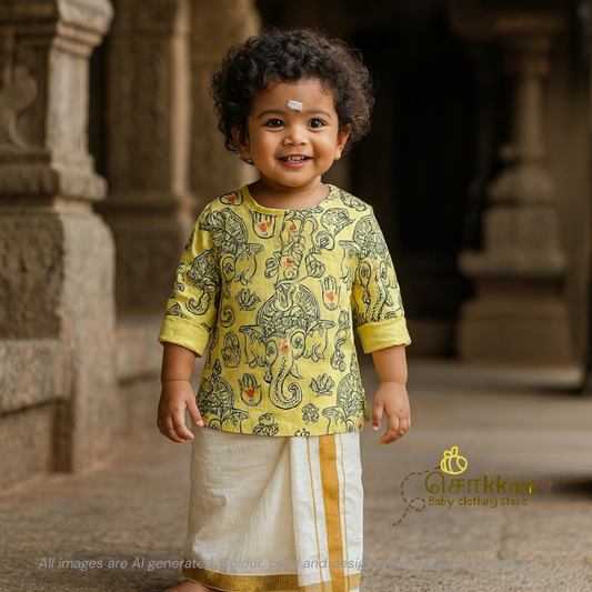 Yellow Ganesha Mid length kurta with elbow sleeve (0 to 3years)