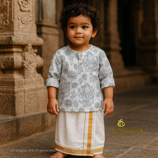 White Ganesha Mid length kurta with elbow sleeve (0 to 3years)