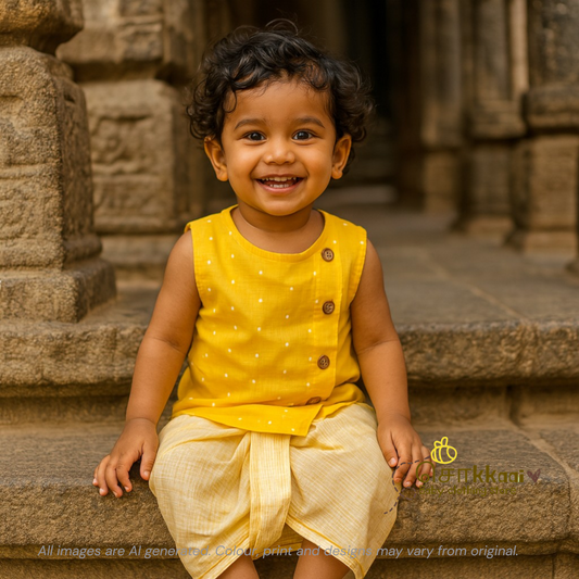 Yellow handloom & Stripes kids cotton dhoti set (0-3yrs) - Sokkaai