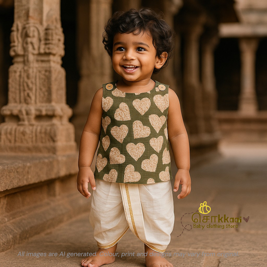 Green hearty leaves kids cotton dhoti set (0-3yrs)