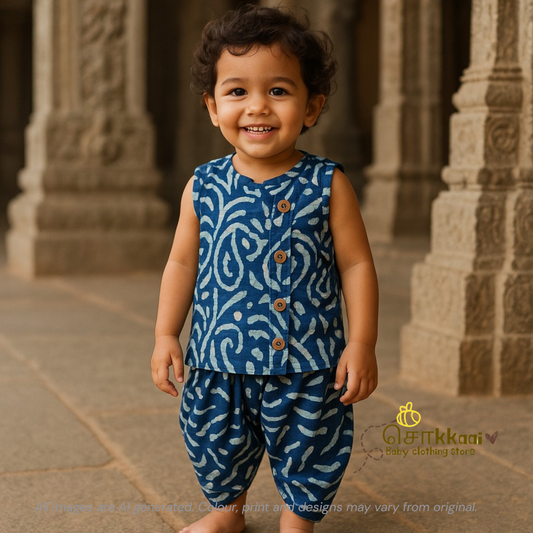 Navy blue hand block kids cotton dhoti set (0-3yrs)