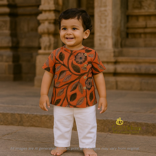 Rustic orange trails handblock Side Button Shirt (0-2years) - Sokkaai