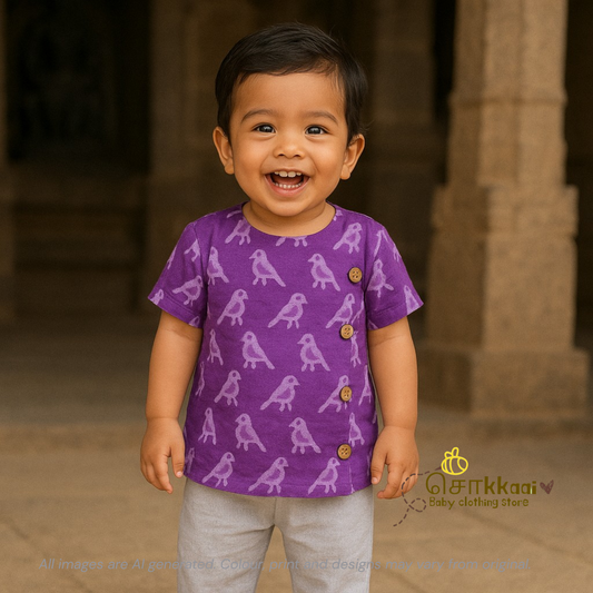 Purple parrot handblock Side Button Shirt (0-2years) - Sokkaai
