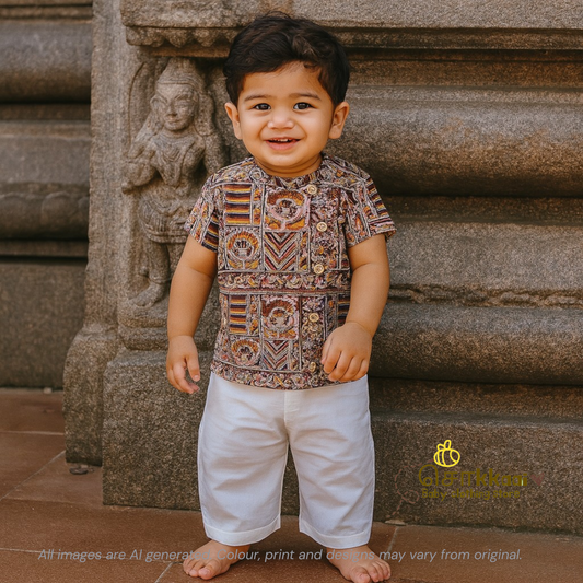 Earthy brown kalamkari Side Button Shirt (0-3years) - Sokkaai