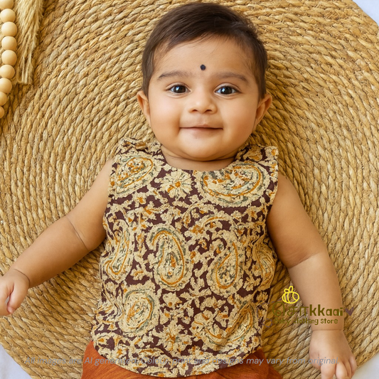 Kalamkari - Earthy brown and Rustic orange kids cotton dhoti set (0-3yrs) - Sokkaai