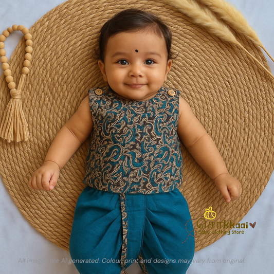 Kalamkari - Black floral with peacock blue kids cotton dhoti set (0-3yrs) - Sokkaai
