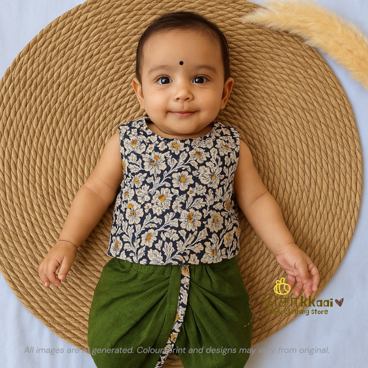 Kalamkari - Black floral with Olive green kids cotton dhoti set (0-3yrs) - Sokkaai