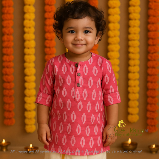 Pink leaf Mid length kurta with elbow sleeve (6m-6years) Sokkaai
