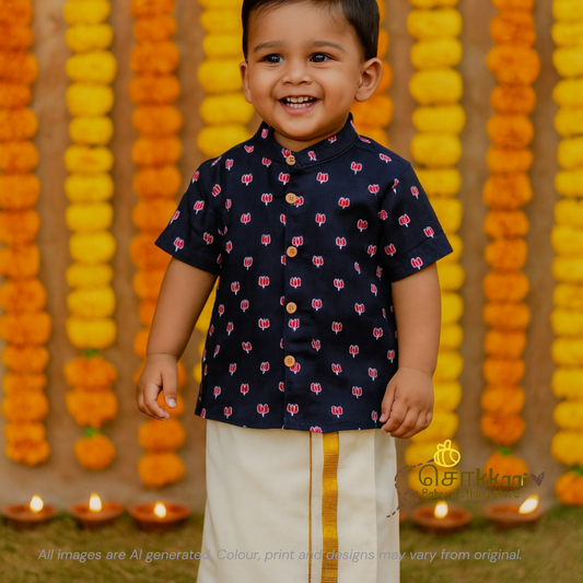 Black & Red lotus cambric cotton Kids Shirt (6m to 3years) - Sokkaai