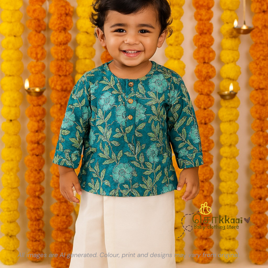 Teal floral Mid length kurta with elbow sleeve (6m-5years) Sokkaai