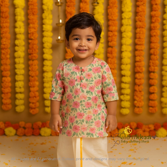 Pastel Pink floral Mid length kurta with elbow sleeve (6m-5years) Sokkaai