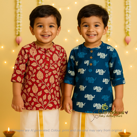 Red hand block Mid length kurta with elbow sleeve (6m-6years) Sokkaai