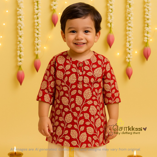 Red hand block Mid length kurta with elbow sleeve (6m-6years) Sokkaai