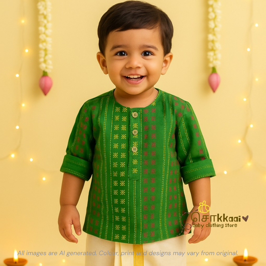 Green handloom Mid length kurta with elbow sleeve (6m-5years) Sokkaai