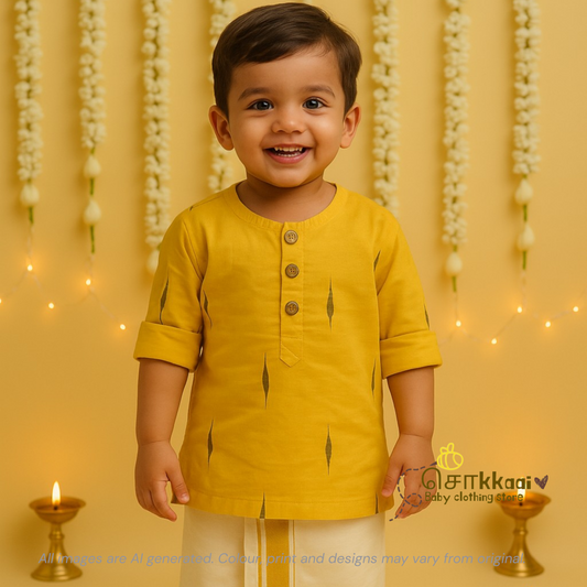 Yellow block print Mid length kurta with elbow sleeve (6m-6years) Sokkaai