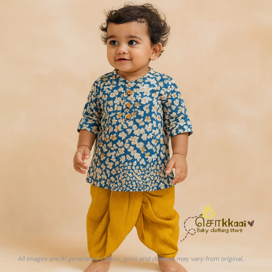 Blue wild bloom soft mul cotton kurta & Dhoti set(6m-5yrs) - Sokkaai