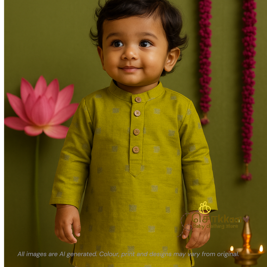 Lime green with antique beige raw silk dhoti set (1-5yrs) - Sokkaai