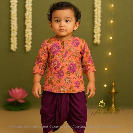 Peach floral cotton kurta & Dhoti set(6m-5yrs) - Sokkaai