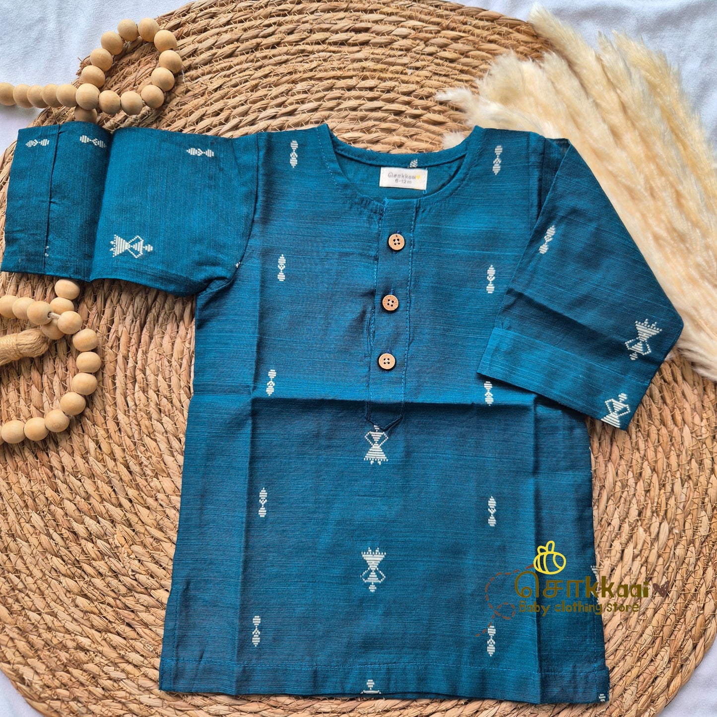 Peacock blue raw silk elbow sleeve kurta - (0-5years) Sokkaai