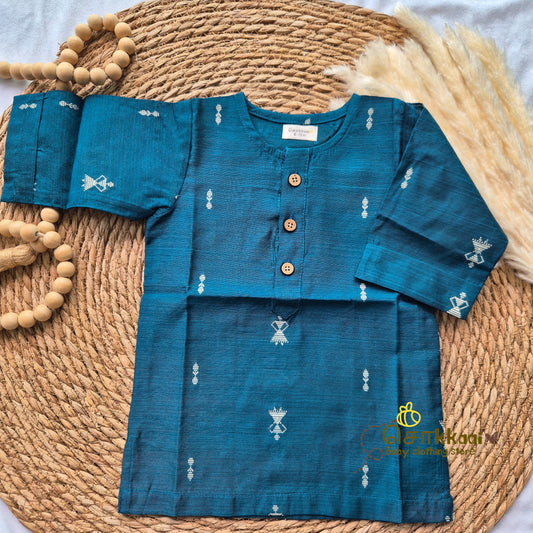 Peacock blue raw silk elbow sleeve kurta - (0-5years) Sokkaai