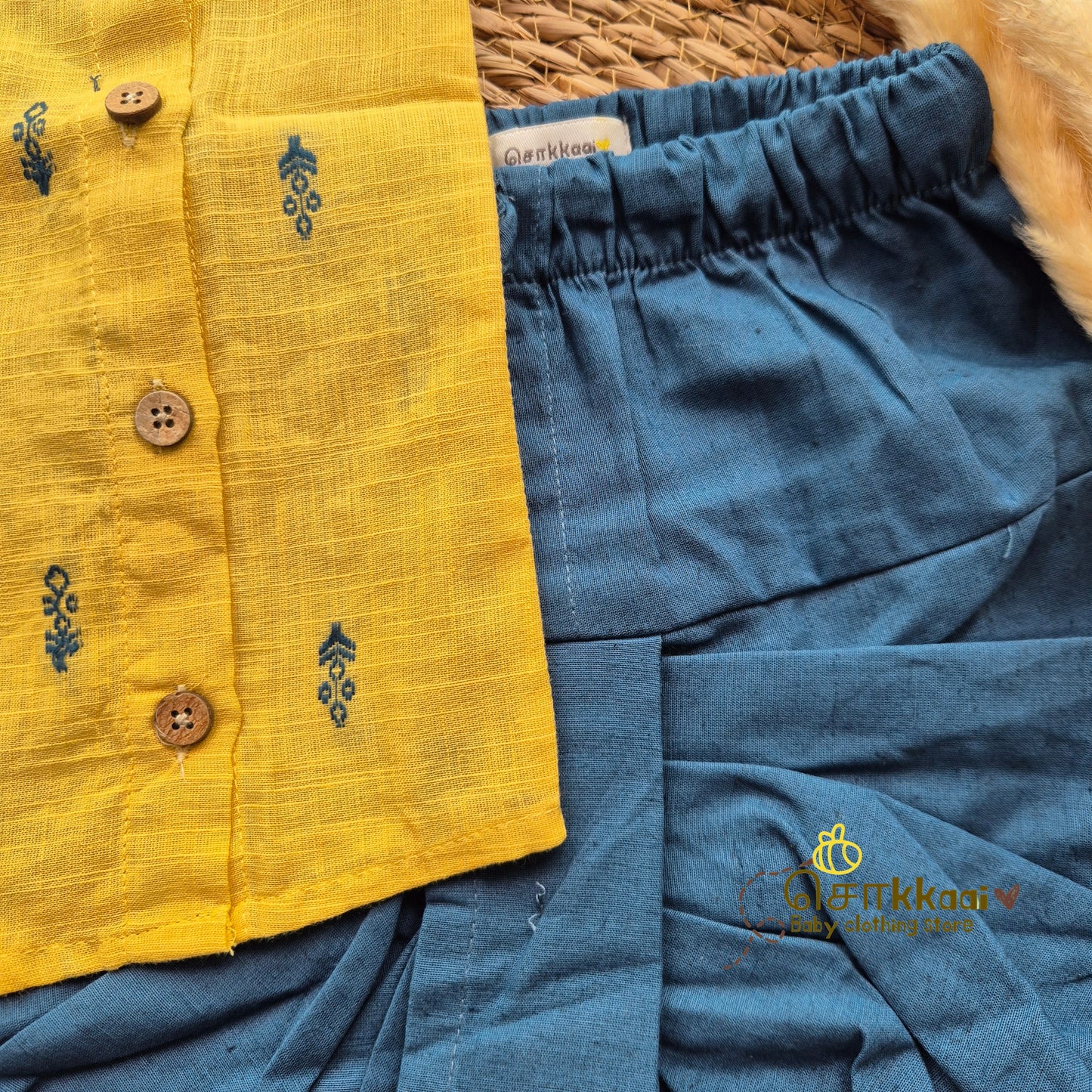Yellow & Blue Butta Cotton Kids Dhoti Set (0-5yrs) - Sokkaai