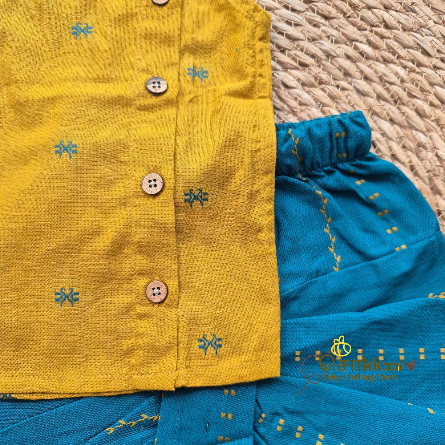 Mustard & Peacock Blue Cotton Kids Dhoti Set (0-3yrs) - Sokkaai