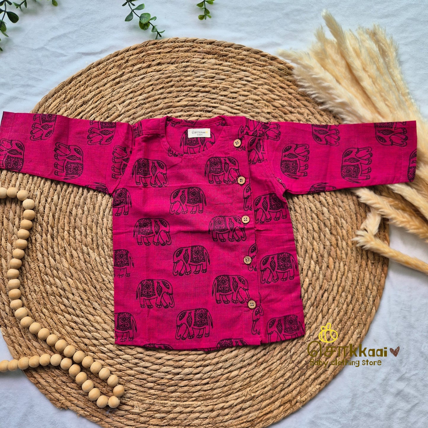 Magenta elephant printed cotton Kurta/ Jippa (0-3years) - Sokkaai