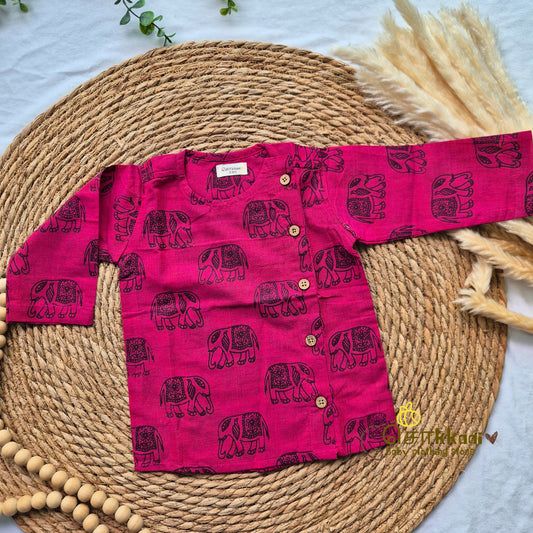 Magenta elephant printed cotton Kurta/ Jippa (0-3years) - Sokkaai