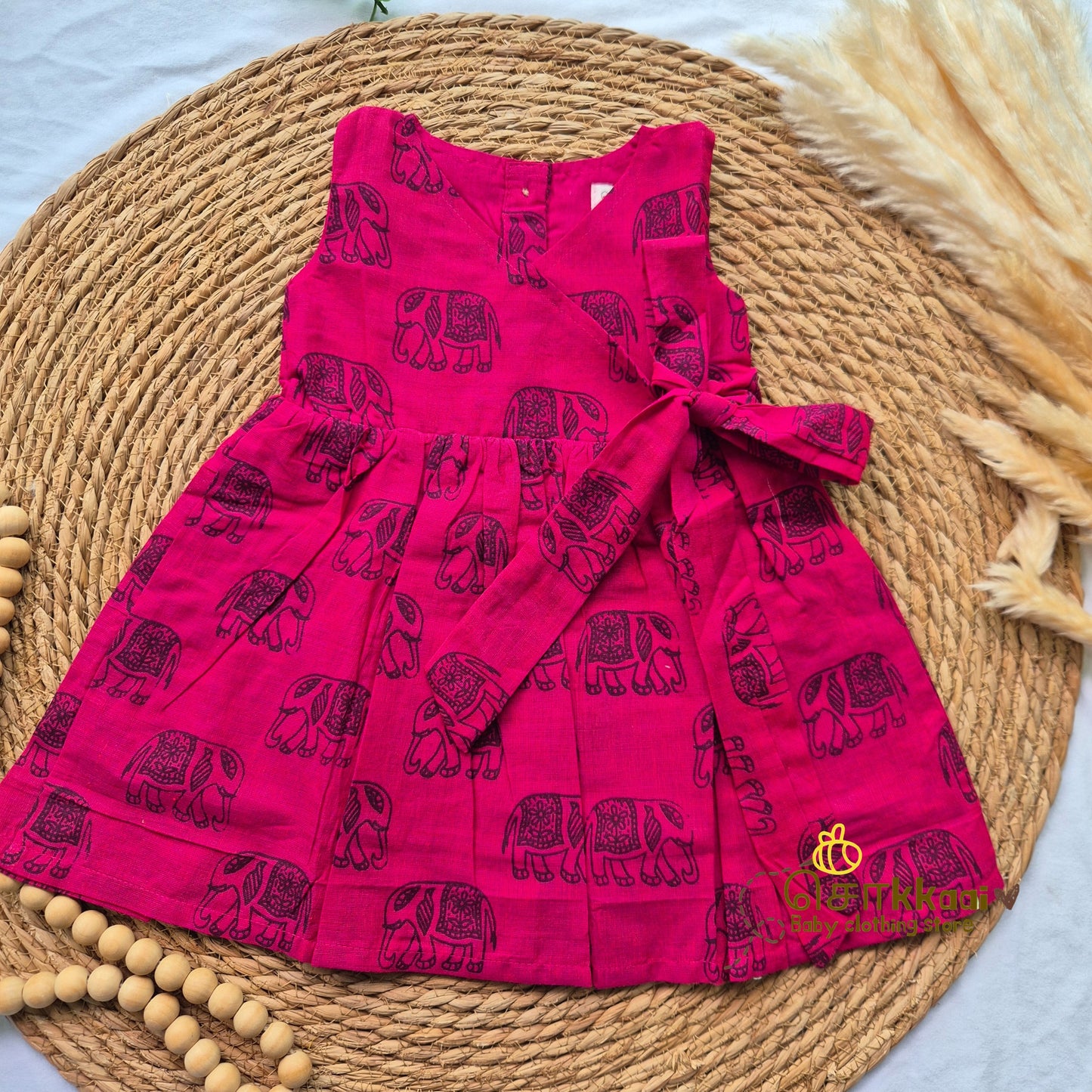 Magenta elephant printed Overlap Flared Girl Frock (0-3years) - Sokkaai