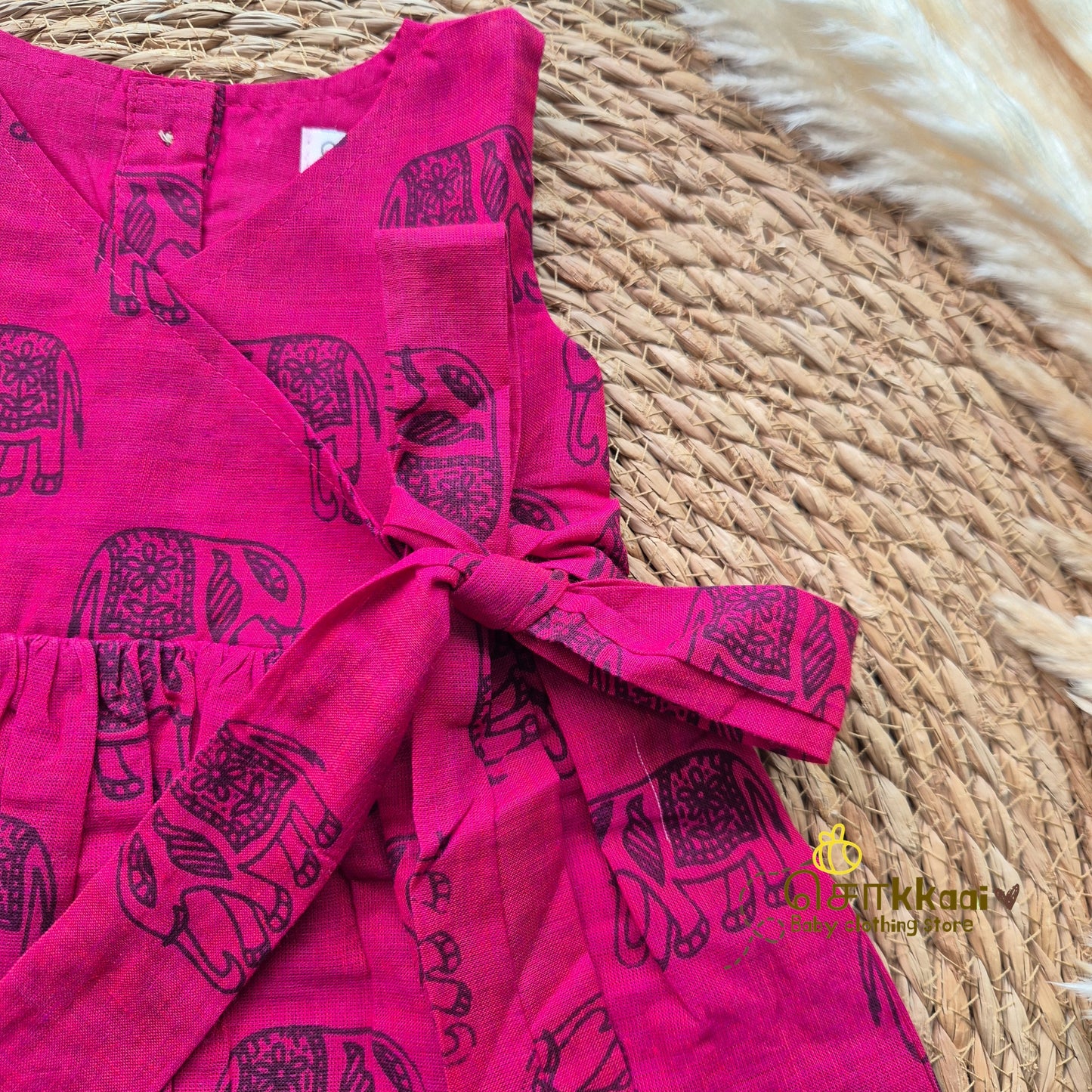 Magenta elephant printed Overlap Flared Girl Frock (0-3years) - Sokkaai