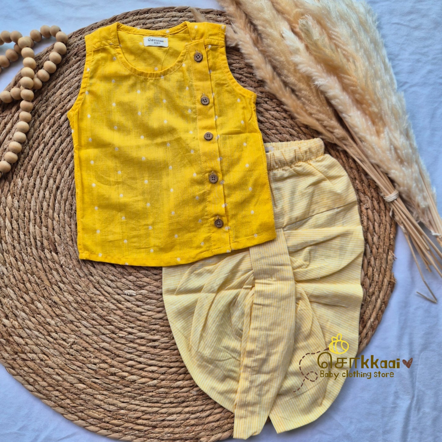 Yellow handloom & Stripes kids cotton dhoti set (0-5yrs) - Sokkaai