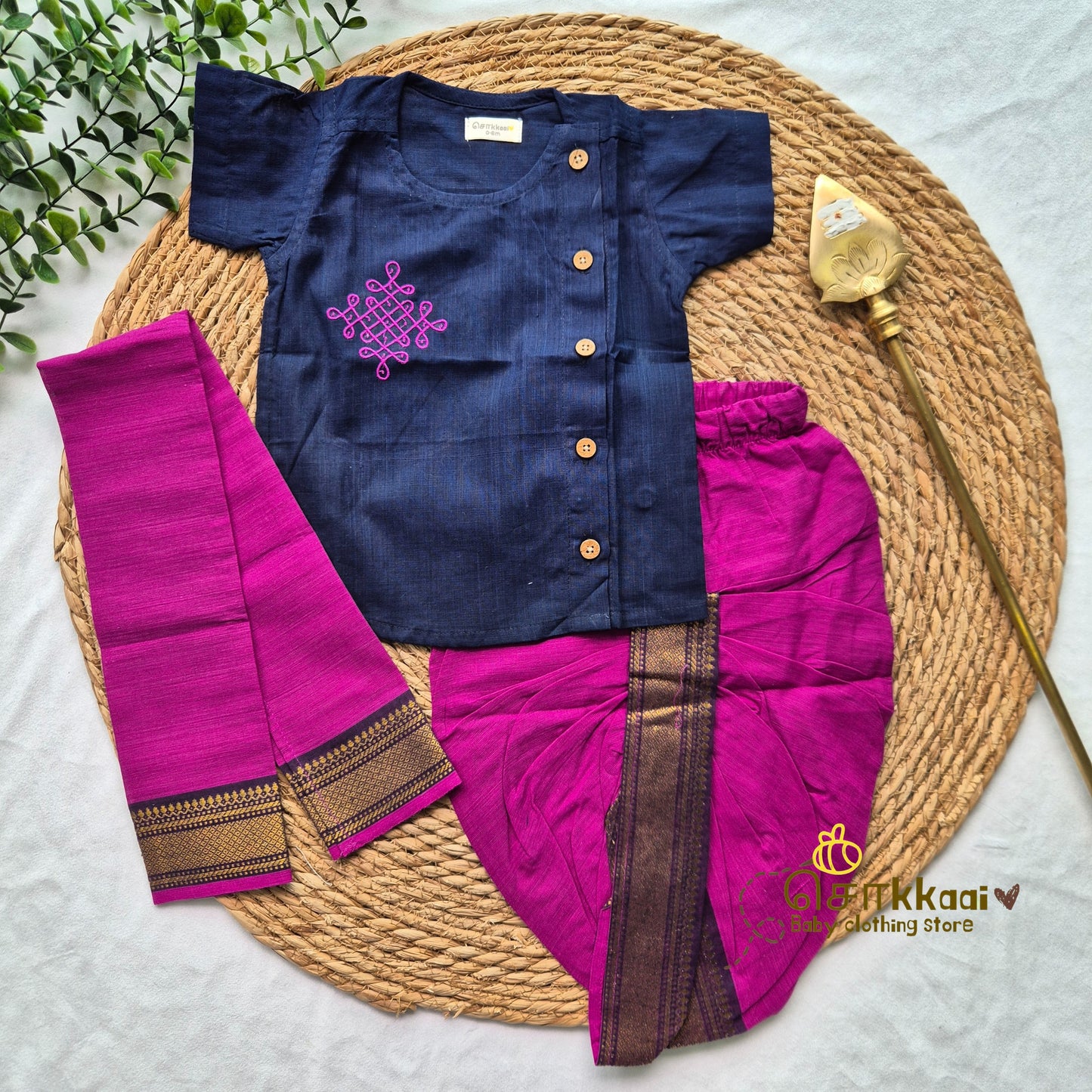 Mangalgiri Cotton Dhoti set - Royal Navy and Magenta (0-5years) Sokkaai