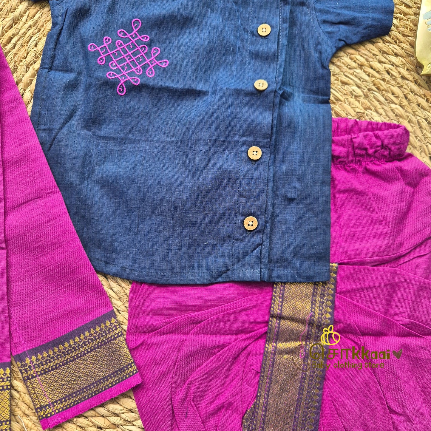 Mangalgiri Cotton Dhoti set - Royal Navy and Magenta (0-5years) Sokkaai