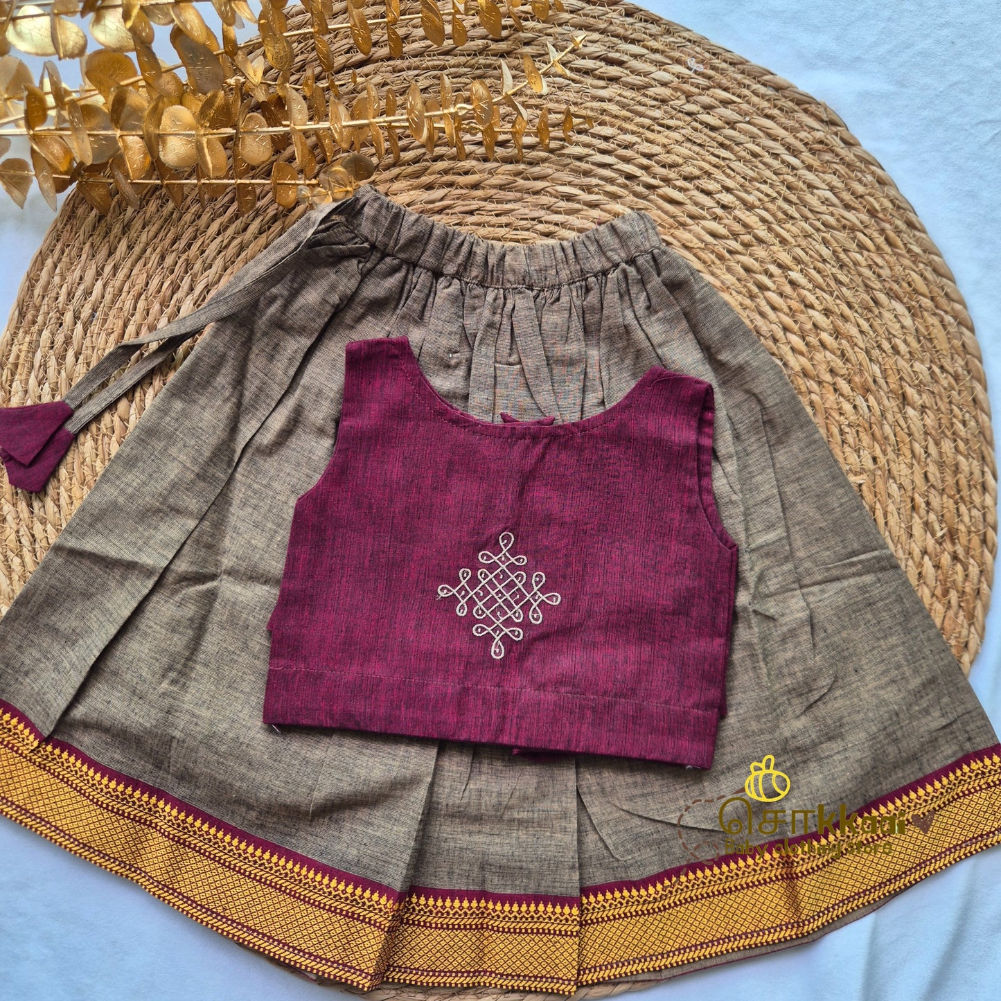 Mangalgiri Cotton  Skirt and top Girls - Dusky Maroon and Ash (6m-5years) - Sokkaai
