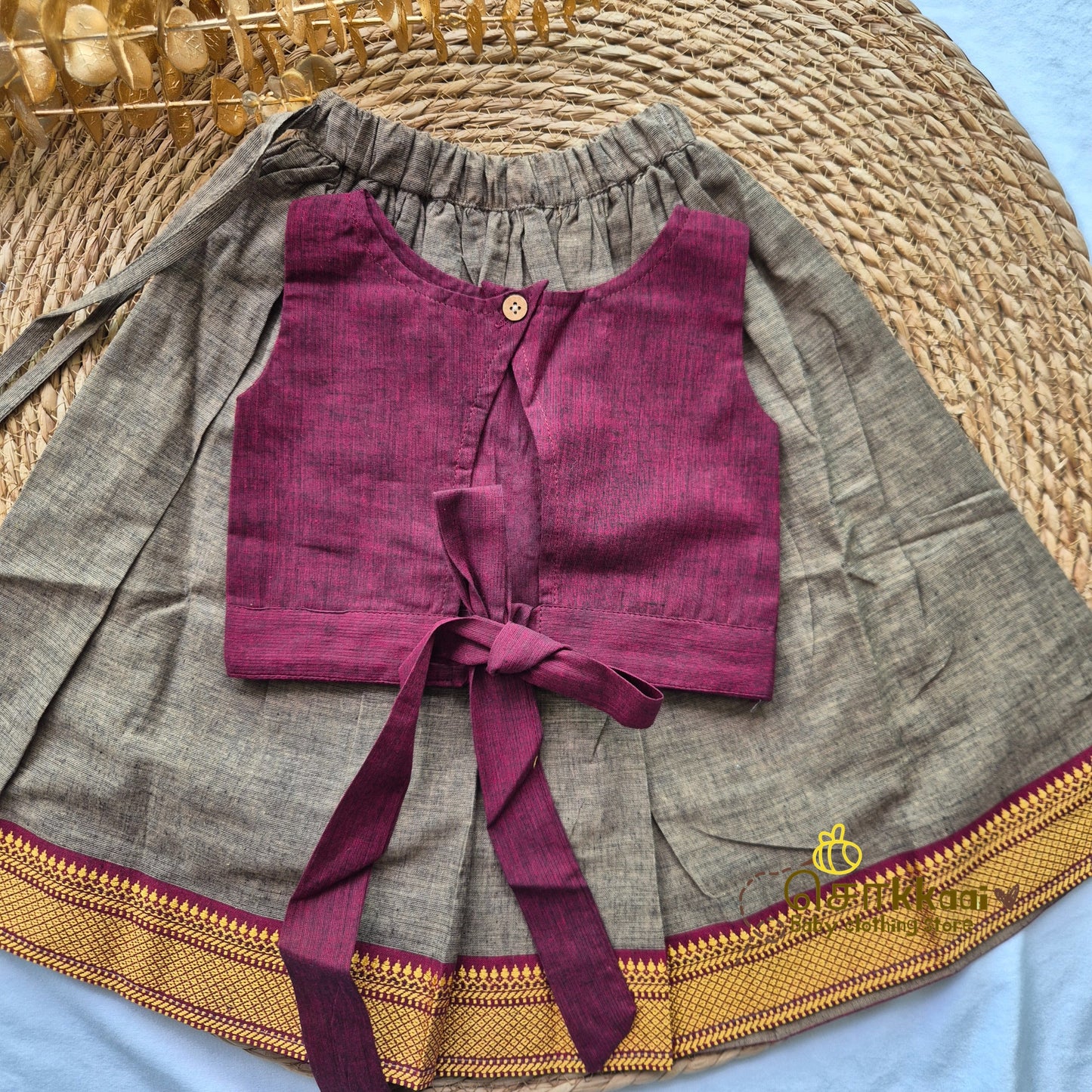 Mangalgiri Cotton  Skirt and top Girls - Dusky Maroon and Ash (6m-5years) - Sokkaai
