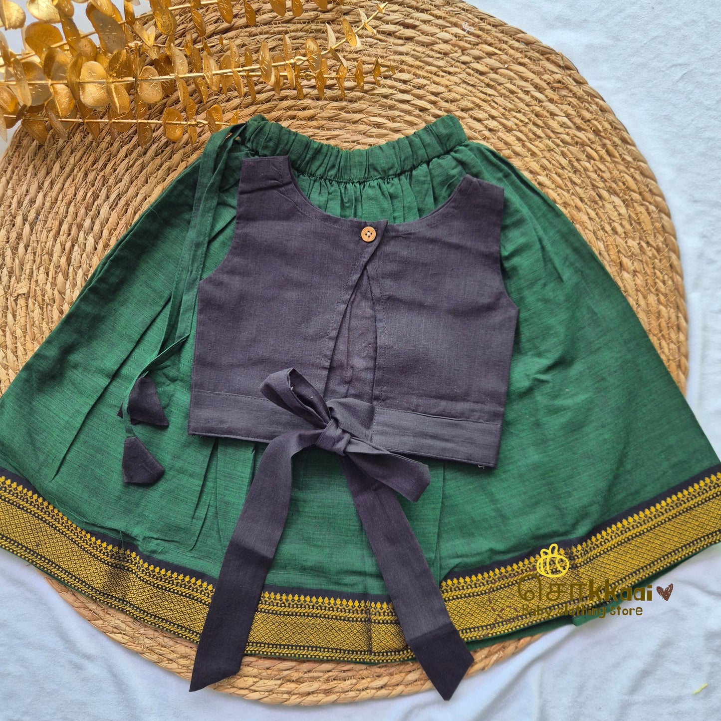 Mangalgiri Cotton Skirt and top Girls  - Royal Green and Black (6m-5years) - Sokkaai