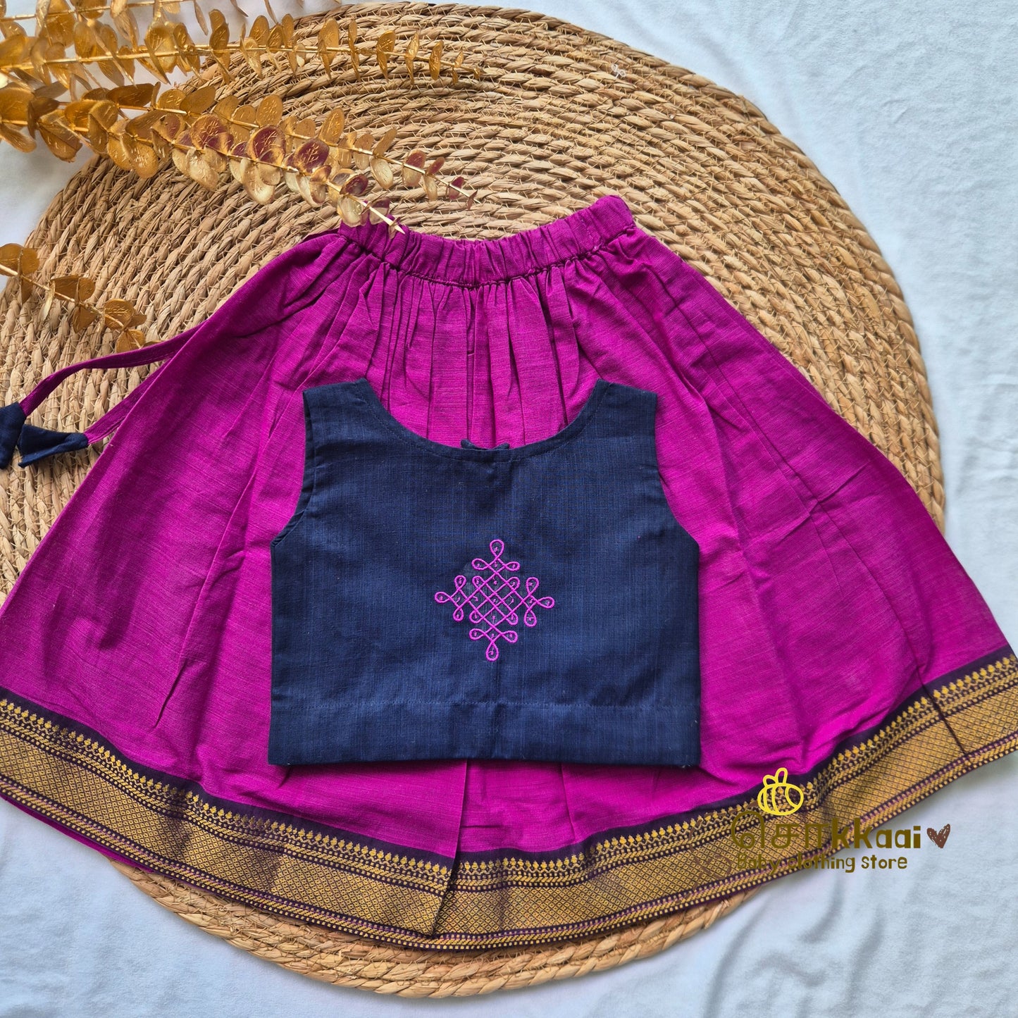Mangalgiri Cotton Skirt and top Girls  - Royal Navy and Magenta (6m-5years) - Sokkaai