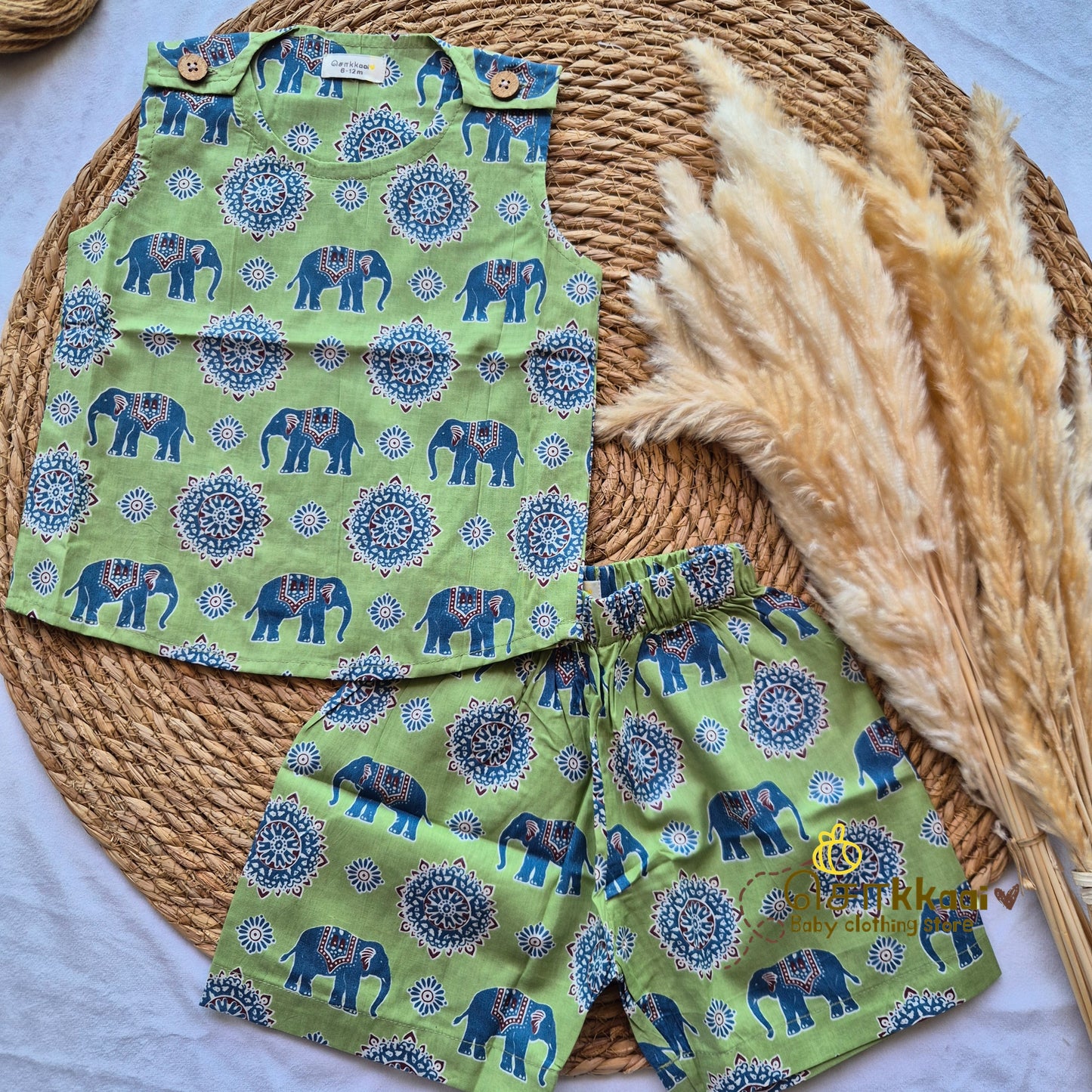 Meadow green elephant printed cotton Coord Set (0-3years) - Unisex - Sokkaai