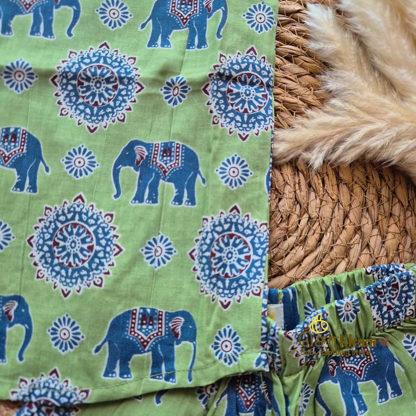 Meadow green elephant printed cotton Coord Set (0-3years) - Unisex - Sokkaai
