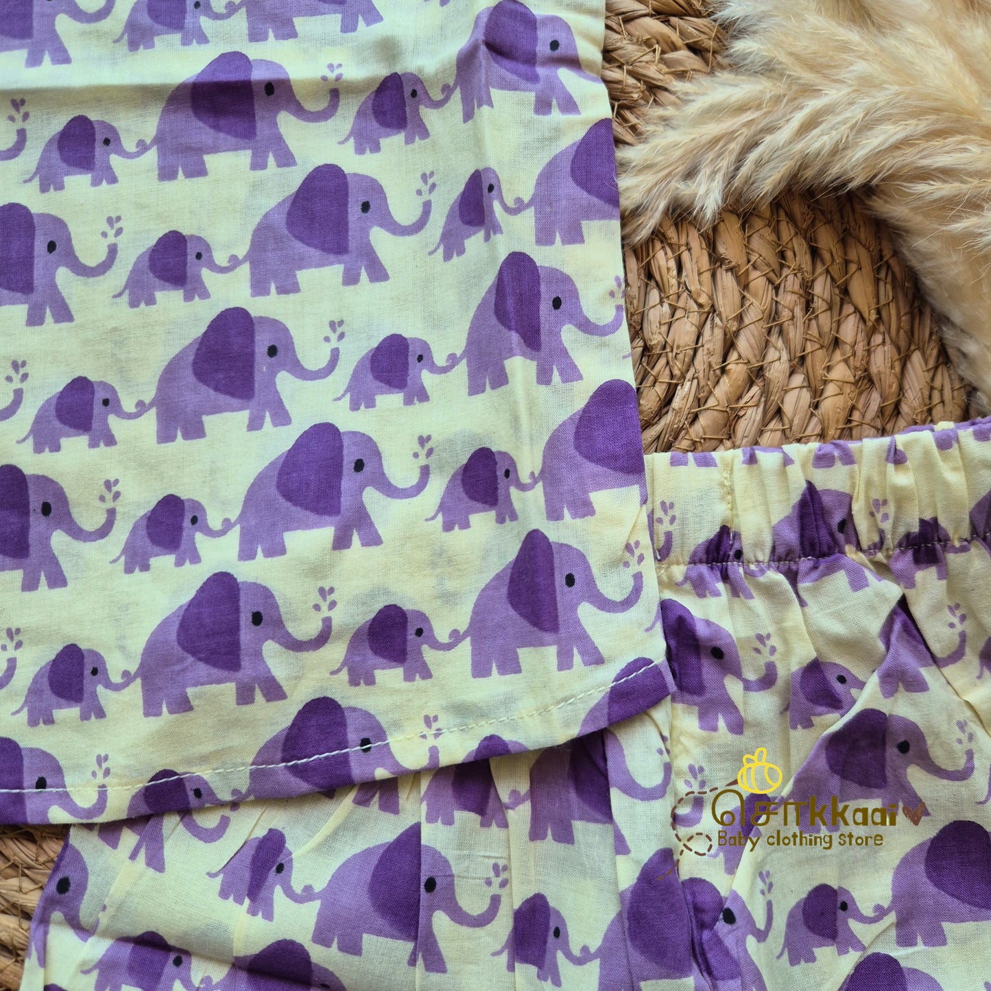 Purple elephant hand block cotton Coord Set (0-3years) - Unisex - Sokkaai