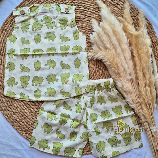Light green elephant printed cotton Coord Set (0-3years) - Unisex - Sokkaai