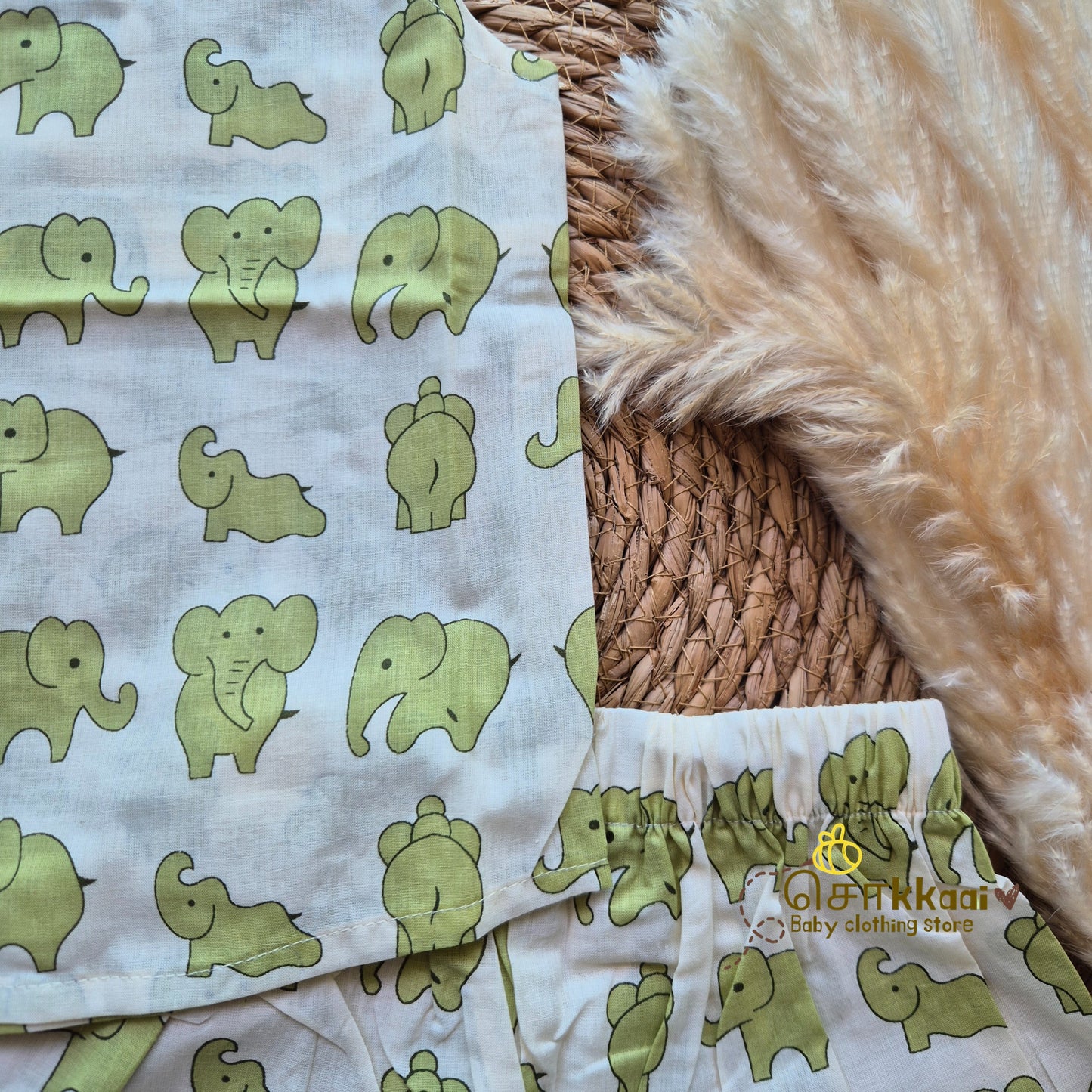 Light green elephant printed cotton Coord Set (0-3years) - Unisex - Sokkaai