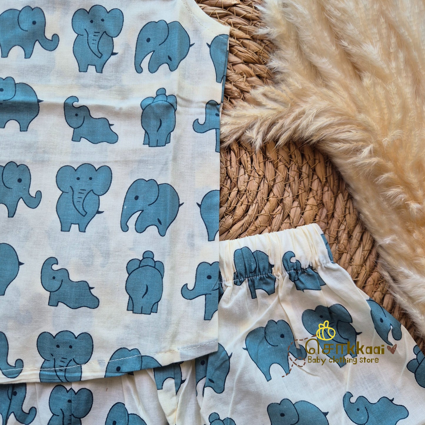 Blue elephant printed cotton Coord Set (0-3years) - Unisex - Sokkaai