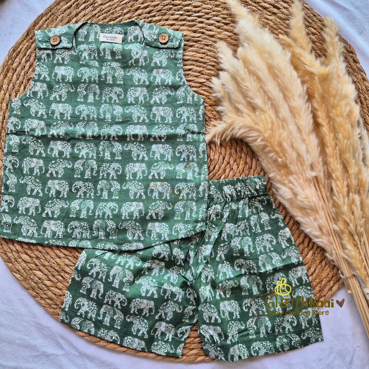 Forest green elephant printed cotton Coord Set (0-3years) - Unisex - Sokkaai